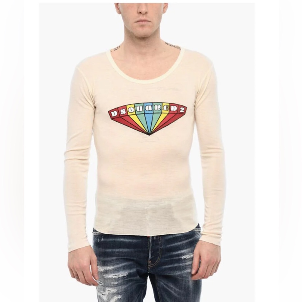 DSQUARED2 Men’s Cream Colored Crewneck T-Shirt Logo Graphic Size M, Virgin Wool